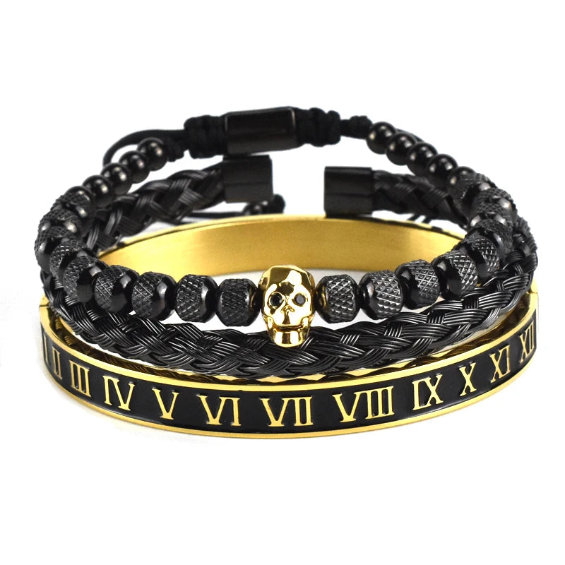 Kit Tríade Dourada Caveira | 3 Pulseiras Masculinas de Luxo