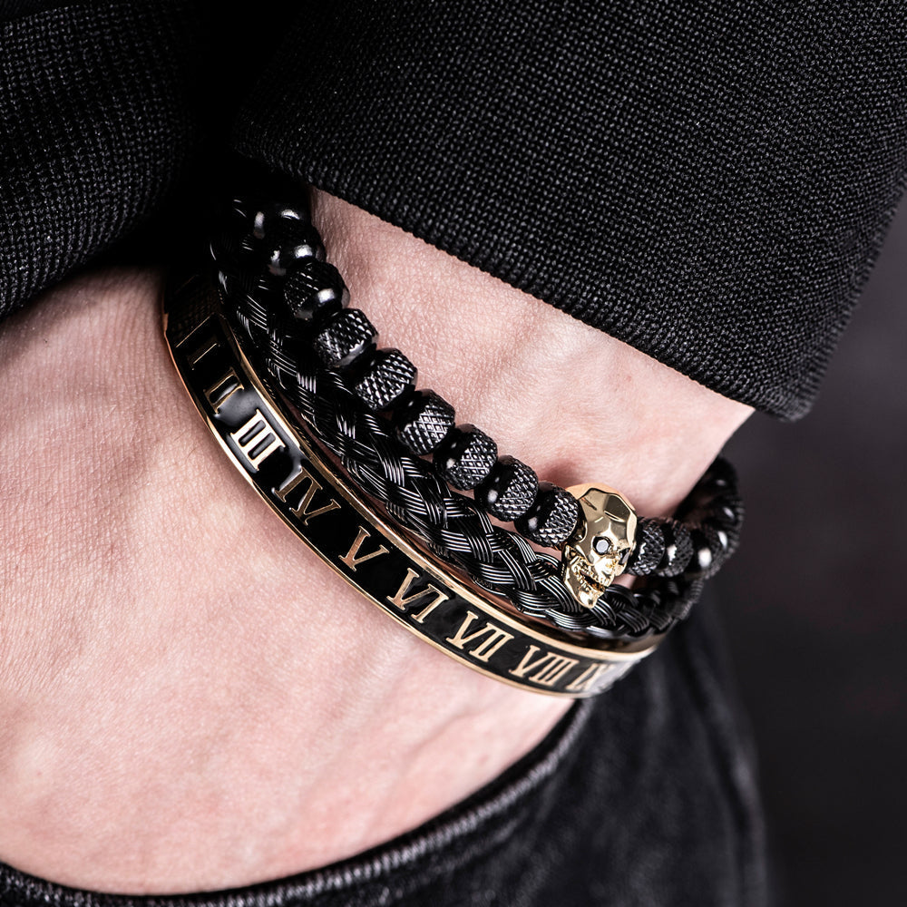 Kit Tríade Dourada Caveira | 3 Pulseiras Masculinas de Luxo