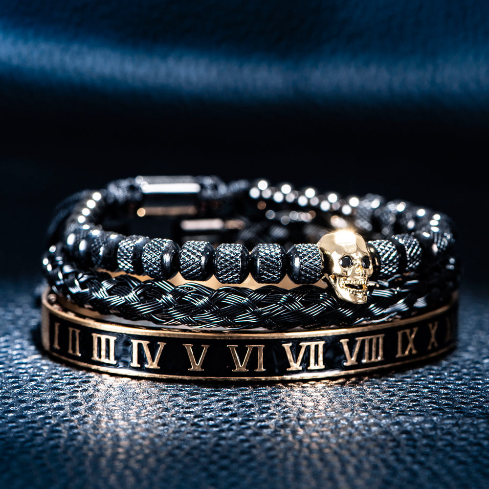 Kit Tríade Dourada Caveira | 3 Pulseiras Masculinas de Luxo