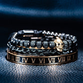 Kit Tríade Dourada Caveira | 3 Pulseiras Masculinas de Luxo