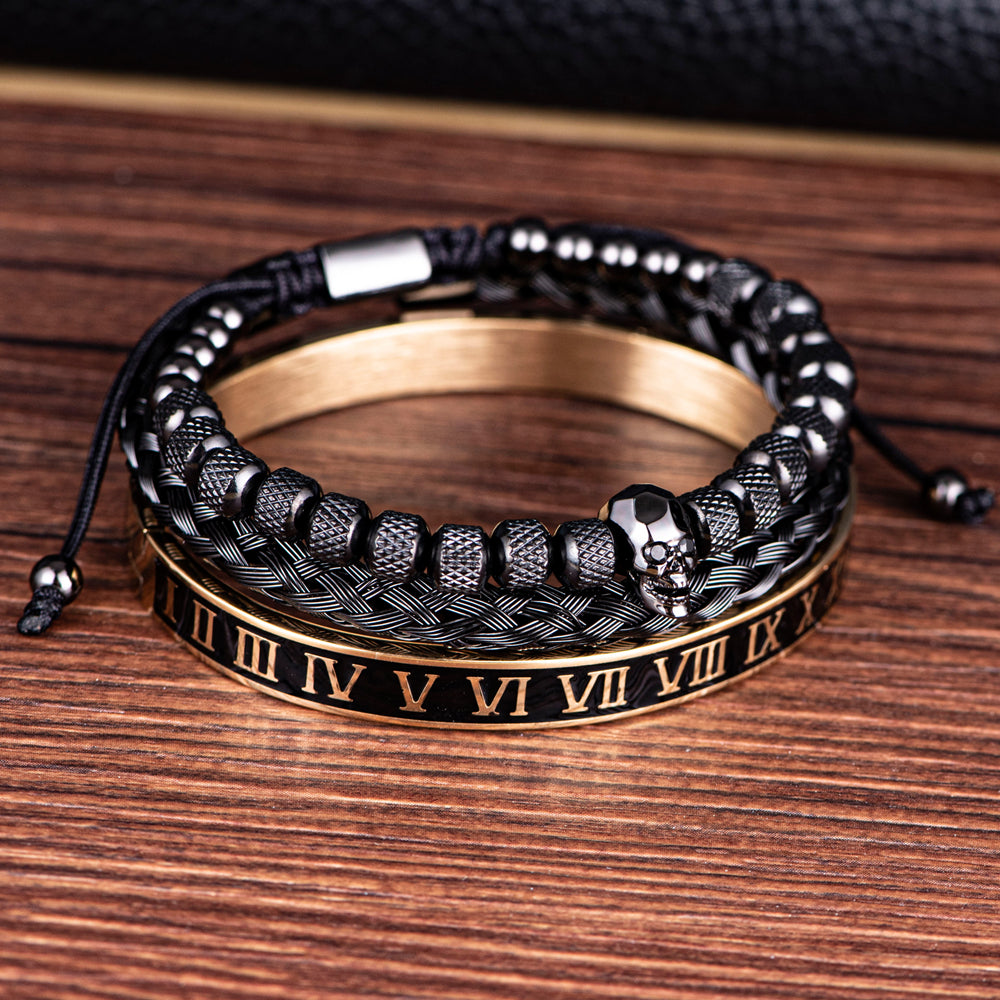 Kit Tríade Dourada Caveira | 3 Pulseiras Masculinas de Luxo